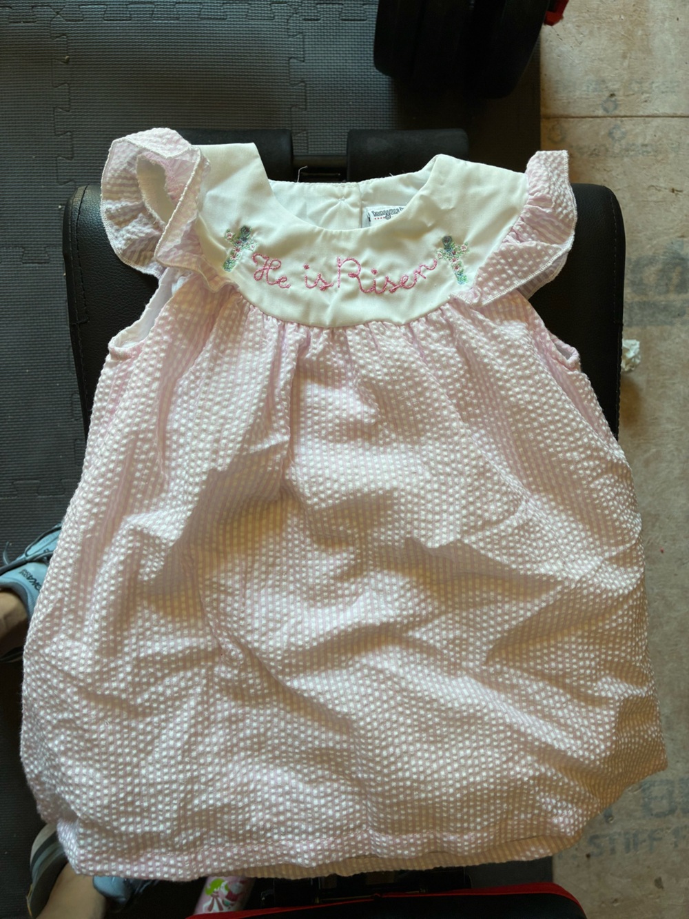 Bayou Blanks He Is Risen Pink and White Embroidered Seersucker Dress